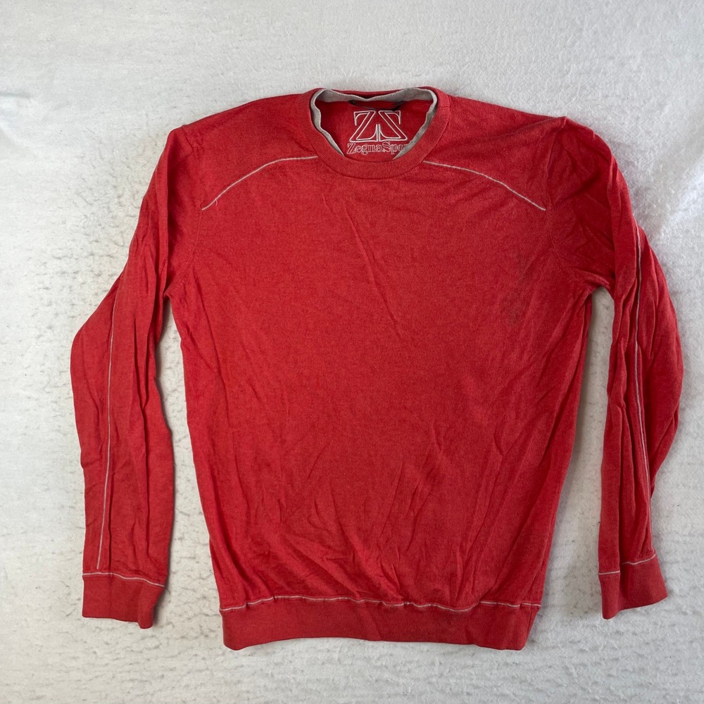Zegna‎ Sport Knit Sweater Mens Large Red Cotton Cashmere Contrast Stitch